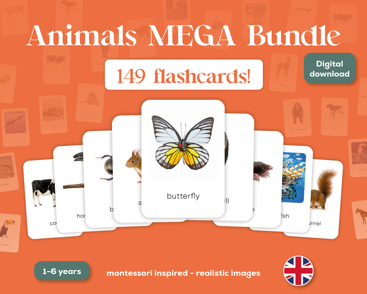 Dieren Flashcards Mega Bundel (Engels) | 149 Montessori flashcards